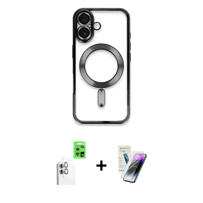 MARSİLYAN™- iPhone 16 Kılıf Nova Işık Özel Seri - Şeffaf Pasifik Cam Ekran Koruyucu + Raze Metal Kamera Lens - BZ