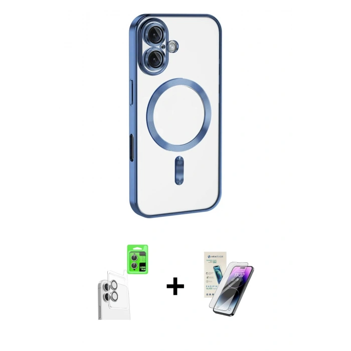 MARSİLYAN™- iPhone 16 Kılıf Nova Işık Özel Seri - Şeffaf Pasifik Cam Ekran Koruyucu + Raze Metal Kamera Lens - BZ