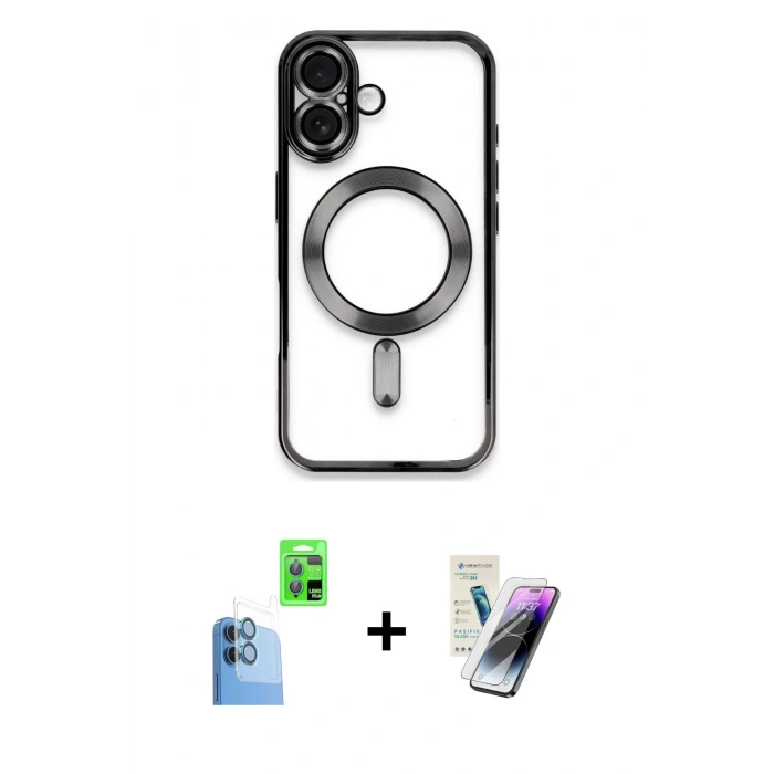 MARSİLYAN™- iPhone 16 Kılıf Nova Işık Özel Seri - Şeffaf Pasifik Cam Ekran Koruyucu + Raze Metal Kamera Lens - LT