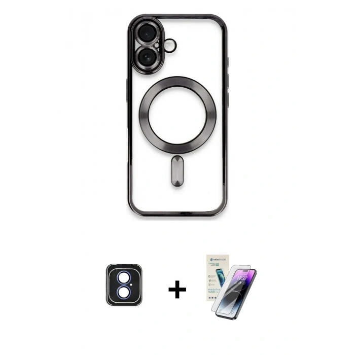 MARSİLYAN™- iPhone 16 Kılıf Nova Işık Özel Seri - Şeffaf Pasifik Cam Ekran Koruyucu + Mavi PVD Metal Kamera Lens