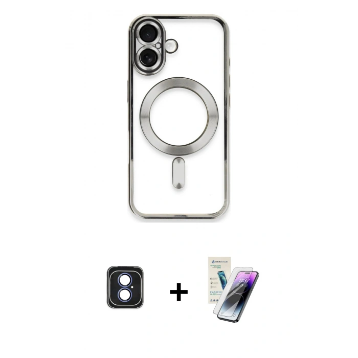 MARSİLYAN™- iPhone 16 Kılıf Nova Işık Özel Seri - Şeffaf Pasifik Cam Ekran Koruyucu + Mavi PVD Metal Kamera Lens