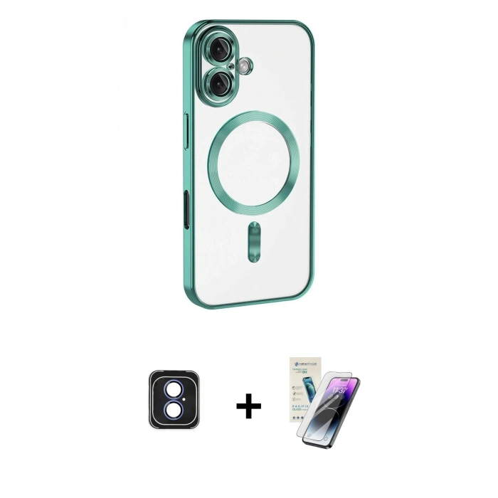 MARSİLYAN™- iPhone 16 Kılıf Nova Işık Özel Seri - Şeffaf Pasifik Cam Ekran Koruyucu + Mavi PVD Metal Kamera Lens