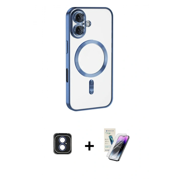 MARSİLYAN™- iPhone 16 Kılıf Nova Işık Özel Seri - Şeffaf Pasifik Cam Ekran Koruyucu + Mavi PVD Metal Kamera Lens