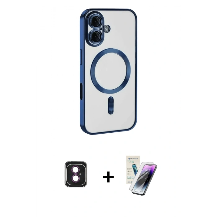 MARSİLYAN™- iPhone 16 Kılıf Nova Işık Özel Seri - Şeffaf Pasifik Cam Ekran Koruyucu + PVD Metal Kamera Lens - PE