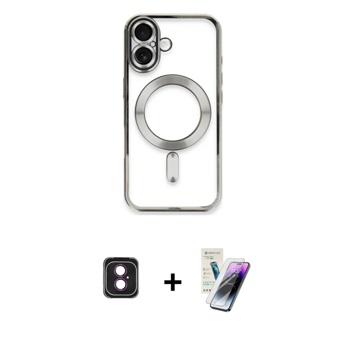 MARSİLYAN™- iPhone 16 Kılıf Nova Işık Özel Seri - Şeffaf Pasifik Cam Ekran Koruyucu + PVD Metal Kamera Lens - PE