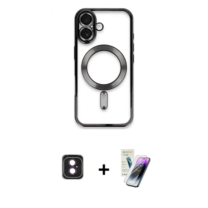 MARSİLYAN™- iPhone 16 Kılıf Nova Işık Özel Seri - Şeffaf Pasifik Cam Ekran Koruyucu + PVD Metal Kamera Lens - PE