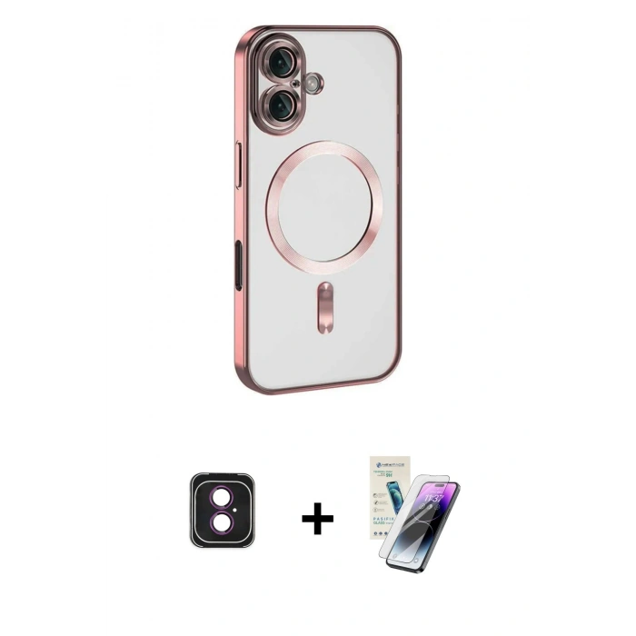 MARSİLYAN™- iPhone 16 Kılıf Nova Işık Özel Seri - Şeffaf Pasifik Cam Ekran Koruyucu + PVD Metal Kamera Lens - PE