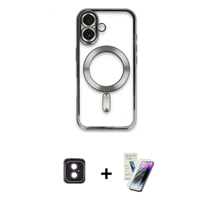 MARSİLYAN™- iPhone 16 Kılıf Nova Işık Özel Seri - Şeffaf Pasifik Cam Ekran Koruyucu + PVD Metal Kamera Lens - PE