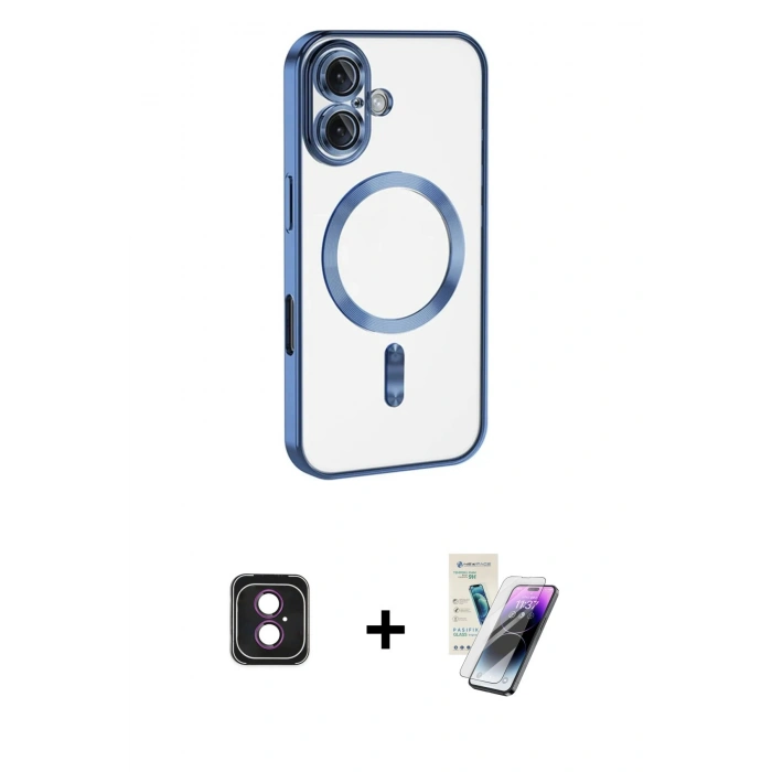 MARSİLYAN™- iPhone 16 Kılıf Nova Işık Özel Seri - Şeffaf Pasifik Cam Ekran Koruyucu + PVD Metal Kamera Lens - PE