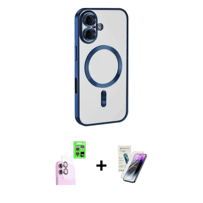 MARSİLYAN™- iPhone 16 Kılıf Nova Işık Özel Seri - Şeffaf Pasifik Cam Ekran Koruyucu + Raze Metal Kamera Lens - PE