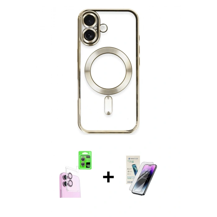 MARSİLYAN™- iPhone 16 Kılıf Nova Işık Özel Seri - Şeffaf Pasifik Cam Ekran Koruyucu + Raze Metal Kamera Lens - PE