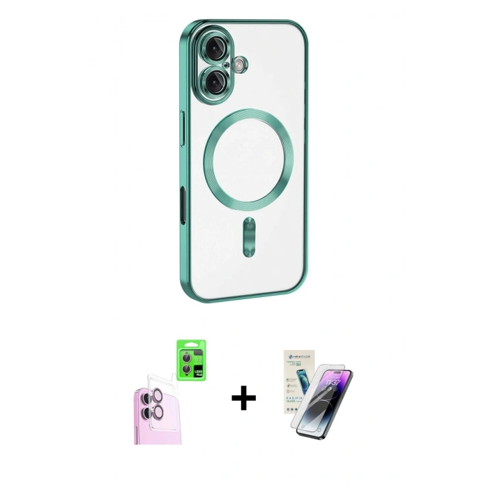 MARSİLYAN™- iPhone 16 Kılıf Nova Işık Özel Seri - Şeffaf Pasifik Cam Ekran Koruyucu + Raze Metal Kamera Lens - PE