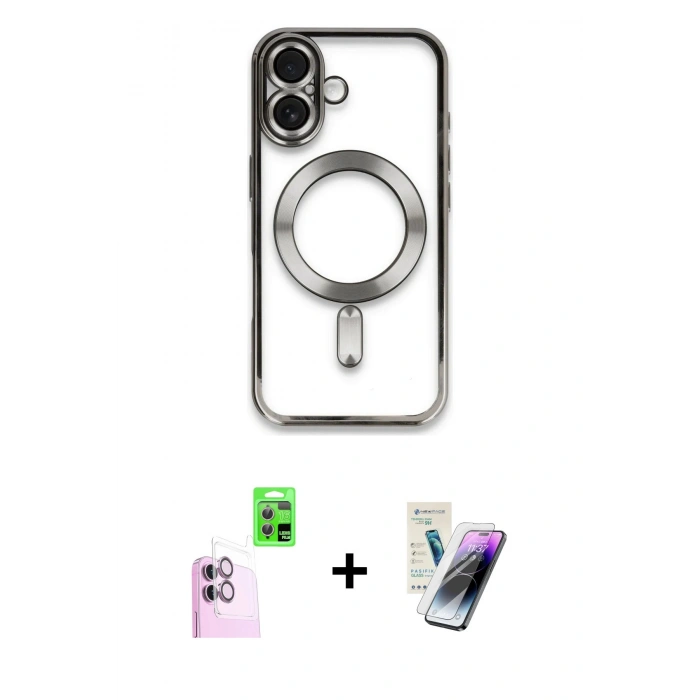 MARSİLYAN™- iPhone 16 Kılıf Nova Işık Özel Seri - Şeffaf Pasifik Cam Ekran Koruyucu + Raze Metal Kamera Lens - PE