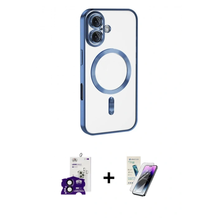 MARSİLYAN™- iPhone 16 Kılıf Nova Işık Özel Seri - Şeffaf Pasifik Cam Ekran Koruyucu + Siyah Bilvis Titan Kamera Lens