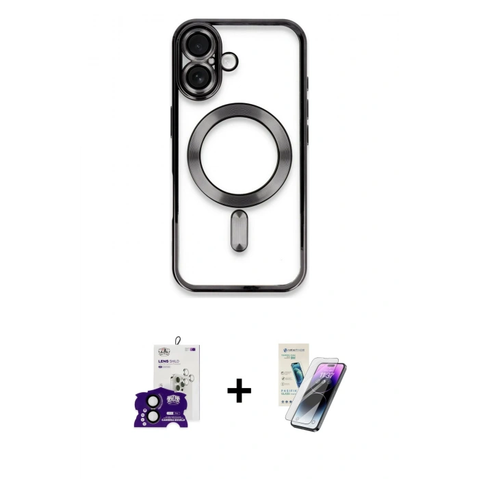 MARSİLYAN™- iPhone 16 Kılıf Nova Işık Özel Seri - Şeffaf Pasifik Cam Ekran Koruyucu + Siyah Bilvis Titan Kamera Lens