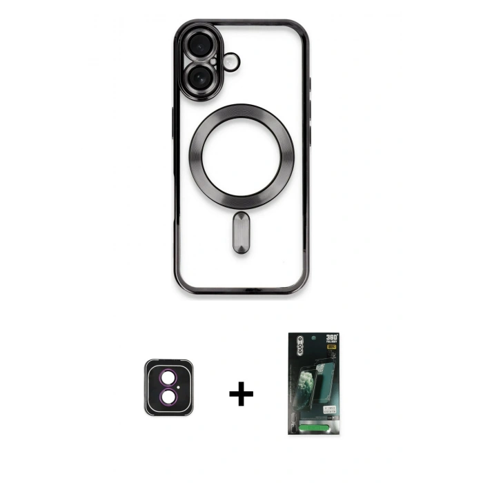 MARSİLYAN™- iPhone 16 Kılıf Nova Işık Özel Seri - Siyah 360 Mat Full Body Arka Koruyucu + PVD Metal Kamera Lens - PE