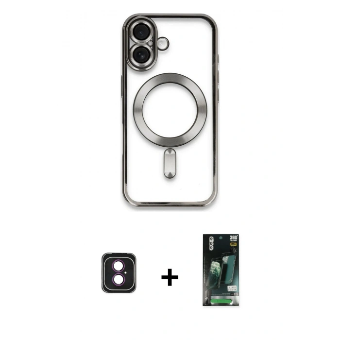 MARSİLYAN™- iPhone 16 Kılıf Nova Işık Özel Seri - Siyah 360 Mat Full Body Arka Koruyucu + PVD Metal Kamera Lens - PE
