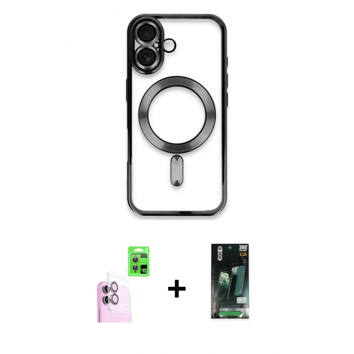 MARSİLYAN™- iPhone 16 Kılıf Nova Işık Özel Seri - Siyah 360 Mat Full Body Arka Koruyucu + Raze Metal Kamera Lens - PE