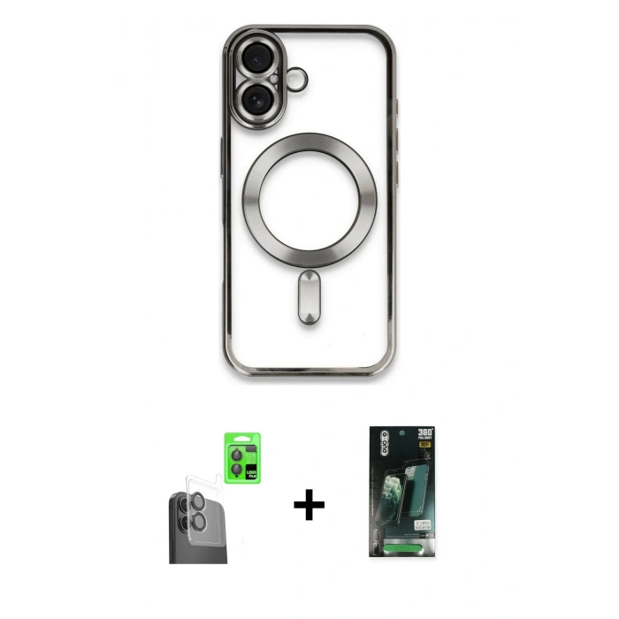 MARSİLYAN™- iPhone 16 Kılıf Nova Işık Özel Seri - Siyah 360 Mat Full Body Arka Koruyucu + Raze Metal Kamera Lens - SH