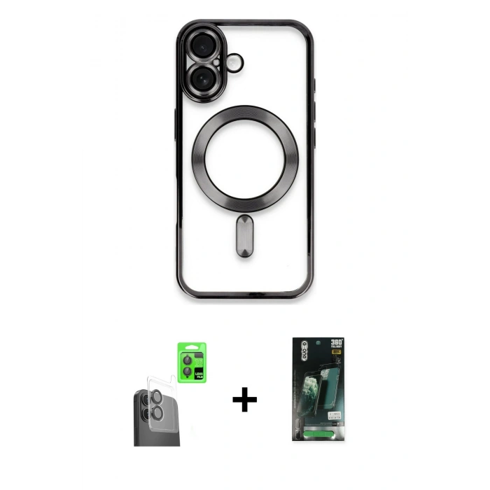 MARSİLYAN™- iPhone 16 Kılıf Nova Işık Özel Seri - Siyah 360 Mat Full Body Arka Koruyucu + Raze Metal Kamera Lens - SH