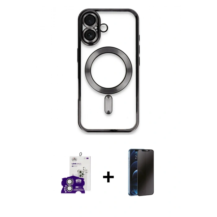 MARSİLYAN™- iPhone 16 Kılıf Nova Işık Özel Seri - Siyah 3D Antistatik Hayalet Cam Ekran Koruyucu + Bilvis Titan Kamera Lens - GS