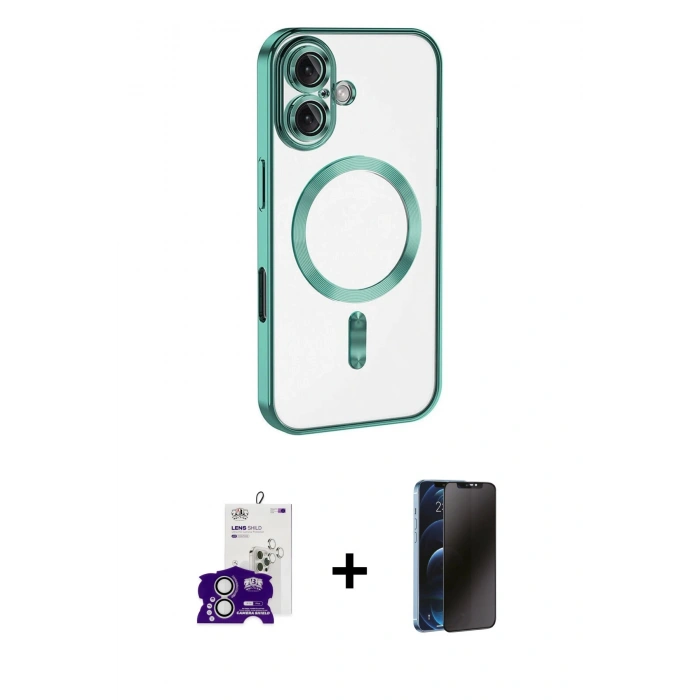 MARSİLYAN™- iPhone 16 Kılıf Nova Işık Özel Seri - Siyah 3D Antistatik Hayalet Cam Ekran Koruyucu + Bilvis Titan Kamera Lens - GS