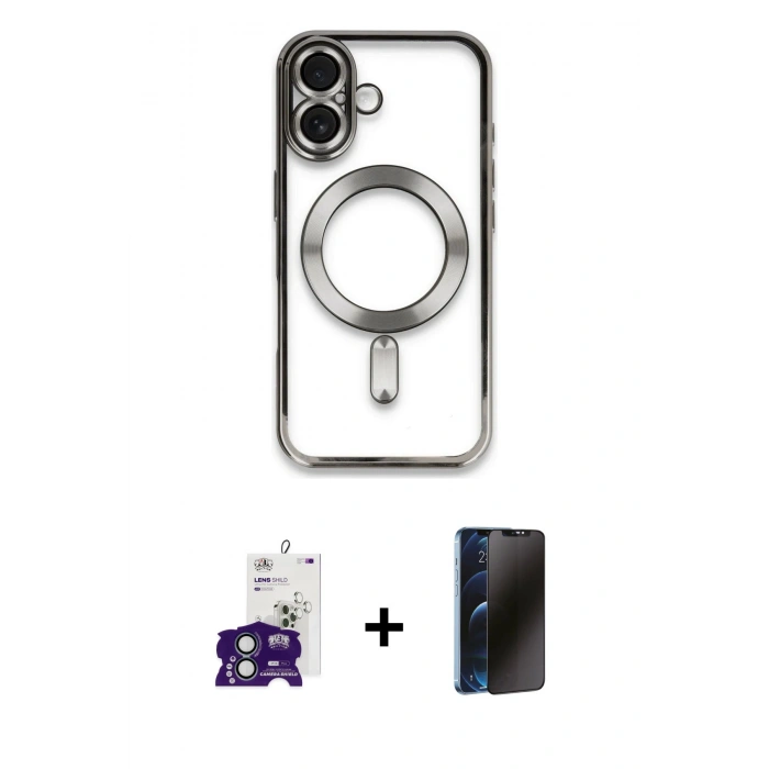 MARSİLYAN™- iPhone 16 Kılıf Nova Işık Özel Seri - Siyah 3D Antistatik Hayalet Cam Ekran Koruyucu + Bilvis Titan Kamera Lens - YL