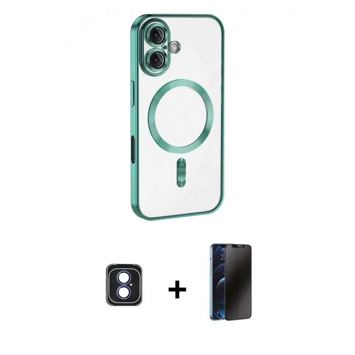 MARSİLYAN™- iPhone 16 Kılıf Nova Işık Özel Seri - Siyah 3D Antistatik Hayalet Cam Ekran Koruyucu + PVD Metal Kamera Lens - MI