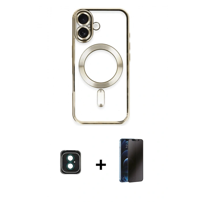 MARSİLYAN™- iPhone 16 Kılıf Nova Işık Özel Seri - Siyah 3D Antistatik Hayalet Cam Ekran Koruyucu + PVD Metal Kamera Lens - YL