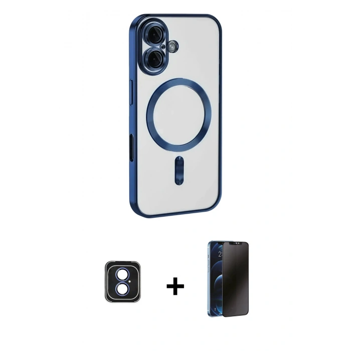 MARSİLYAN™- iPhone 16 Kılıf Nova Işık Özel Seri - Siyah 3D Antistatik Hayalet Cam Ekran Koruyucu + PVD Metal Kamera Lens - MI