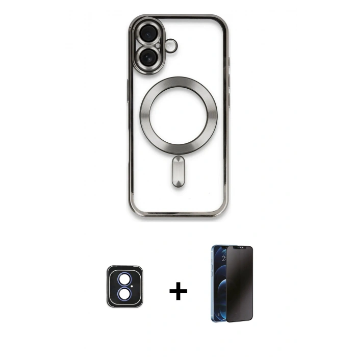 MARSİLYAN™- iPhone 16 Kılıf Nova Işık Özel Seri - Siyah 3D Antistatik Hayalet Cam Ekran Koruyucu + PVD Metal Kamera Lens - MI