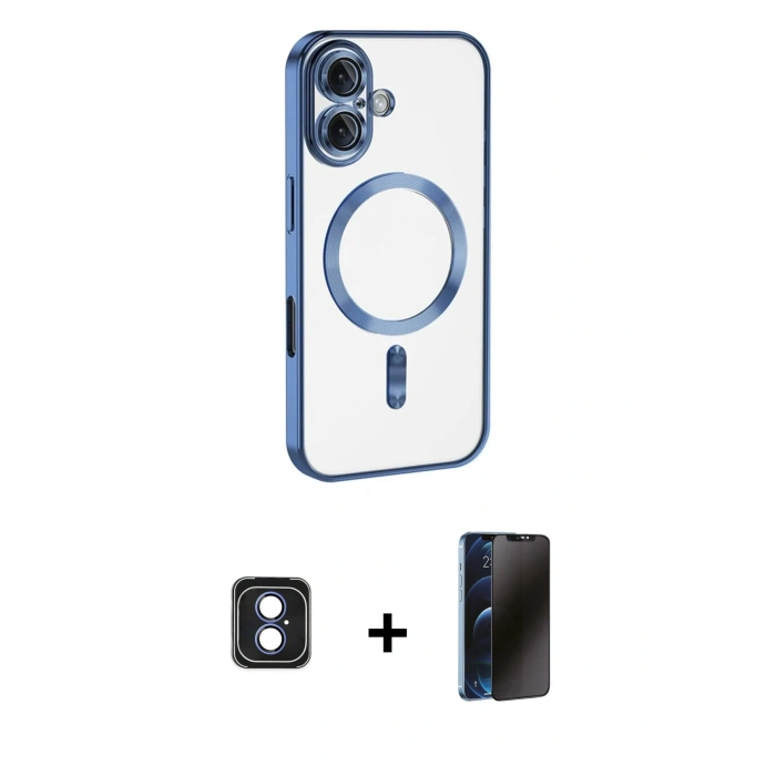MARSİLYAN™- iPhone 16 Kılıf Nova Işık Özel Seri - Siyah 3D Antistatik Hayalet Cam Ekran Koruyucu + PVD Metal Kamera Lens - MI