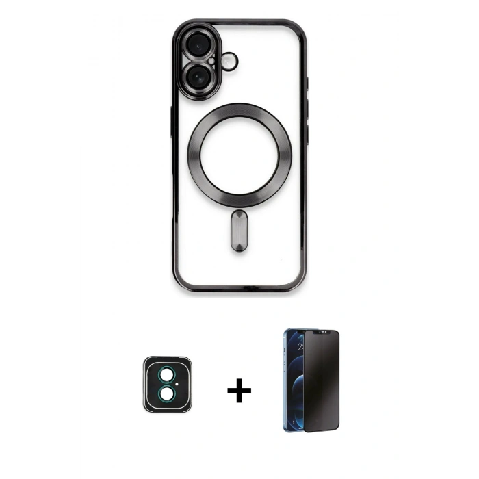 MARSİLYAN™- iPhone 16 Kılıf Nova Işık Özel Seri - Siyah 3D Antistatik Hayalet Cam Ekran Koruyucu + PVD Metal Kamera Lens - YL
