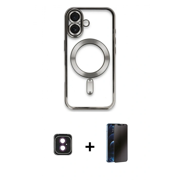 MARSİLYAN™- iPhone 16 Kılıf Nova Işık Özel Seri - Siyah 3D Antistatik Hayalet Cam Ekran Koruyucu + PVD Metal Kamera Lens - PE