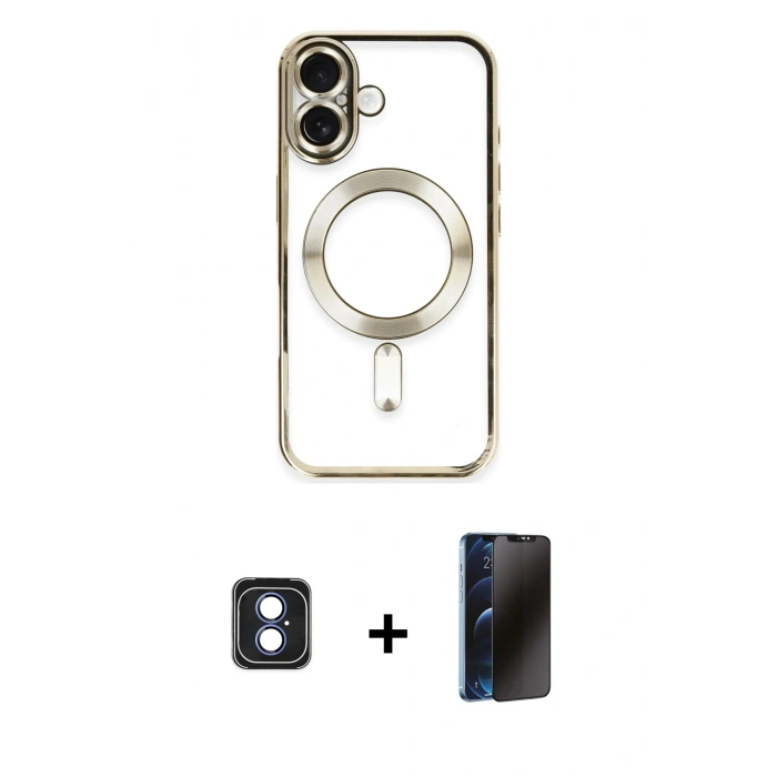 MARSİLYAN™- iPhone 16 Kılıf Nova Işık Özel Seri - Siyah 3D Antistatik Hayalet Cam Ekran Koruyucu + PVD Metal Kamera Lens - MI