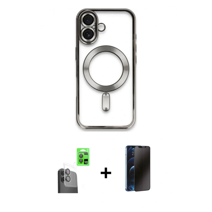MARSİLYAN™- iPhone 16 Kılıf Nova Işık Özel Seri - Siyah 3D Antistatik Hayalet Cam Ekran Koruyucu + Raze Metal Kamera Lens - SH
