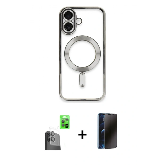 MARSİLYAN™- iPhone 16 Kılıf Nova Işık Özel Seri - Siyah 3D Antistatik Hayalet Cam Ekran Koruyucu + Raze Metal Kamera Lens - SH