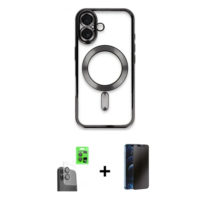 MARSİLYAN™- iPhone 16 Kılıf Nova Işık Özel Seri - Siyah 3D Antistatik Hayalet Cam Ekran Koruyucu + Raze Metal Kamera Lens - SH