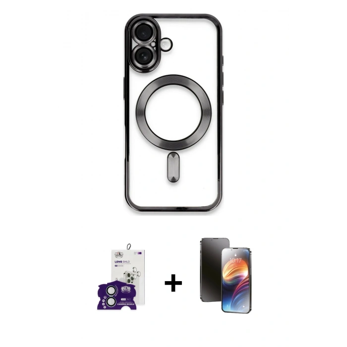 MARSİLYAN™- iPhone 16 Kılıf Nova Işık Özel Seri - Siyah 3D Antistatik Mat Seramik Nano Ekran Koruyucu + Bilvis Titan Kamera Lens - YL