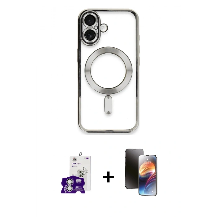 MARSİLYAN™- iPhone 16 Kılıf Nova Işık Özel Seri - Siyah 3D Antistatik Mat Seramik Nano Ekran Koruyucu + Gümüş Bilvis Titan Kamera Lens