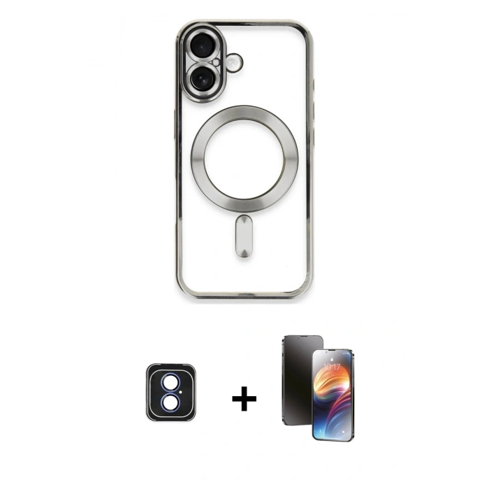 MARSİLYAN™- iPhone 16 Kılıf Nova Işık Özel Seri - Siyah 3D Antistatik Mat Seramik Nano Ekran Koruyucu + Mavi PVD Metal Kamera Lens