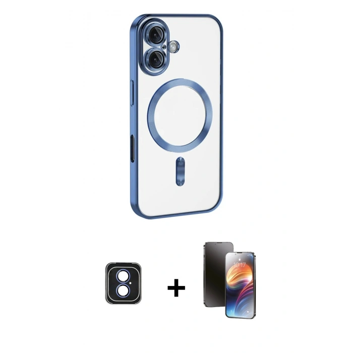 MARSİLYAN™- iPhone 16 Kılıf Nova Işık Özel Seri - Siyah 3D Antistatik Mat Seramik Nano Ekran Koruyucu + Mavi PVD Metal Kamera Lens