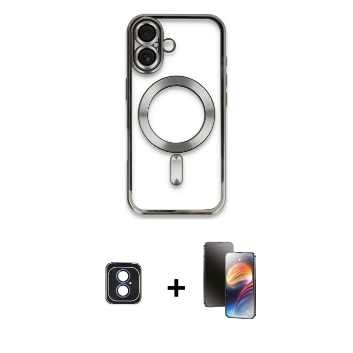 MARSİLYAN™- iPhone 16 Kılıf Nova Işık Özel Seri - Siyah 3D Antistatik Mat Seramik Nano Ekran Koruyucu + Mavi PVD Metal Kamera Lens