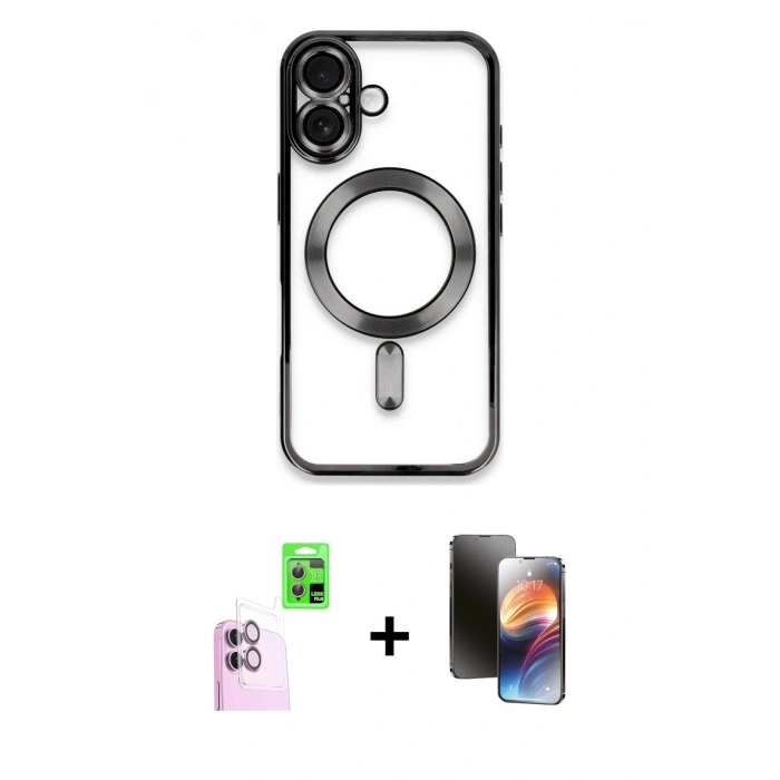 MARSİLYAN™- iPhone 16 Kılıf Nova Işık Özel Seri - Siyah 3D Antistatik Mat Seramik Nano Ekran Koruyucu + Raze Metal Kamera Lens - PE