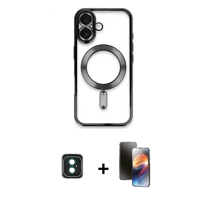MARSİLYAN™- iPhone 16 Kılıf Nova Işık Özel Seri - Siyah 3D Antistatik Mat Seramik Nano Ekran Koruyucu + PVD Metal Kamera Lens - YL