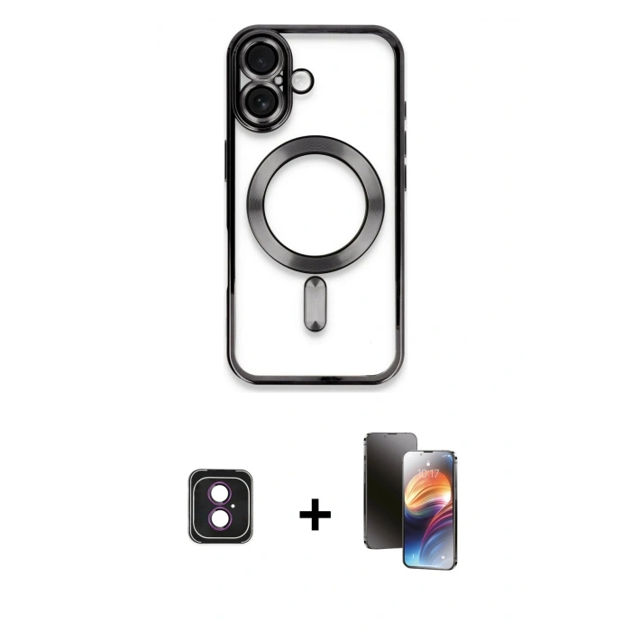 MARSİLYAN™- iPhone 16 Kılıf Nova Işık Özel Seri - Siyah 3D Antistatik Mat Seramik Nano Ekran Koruyucu + PVD Metal Kamera Lens - PE