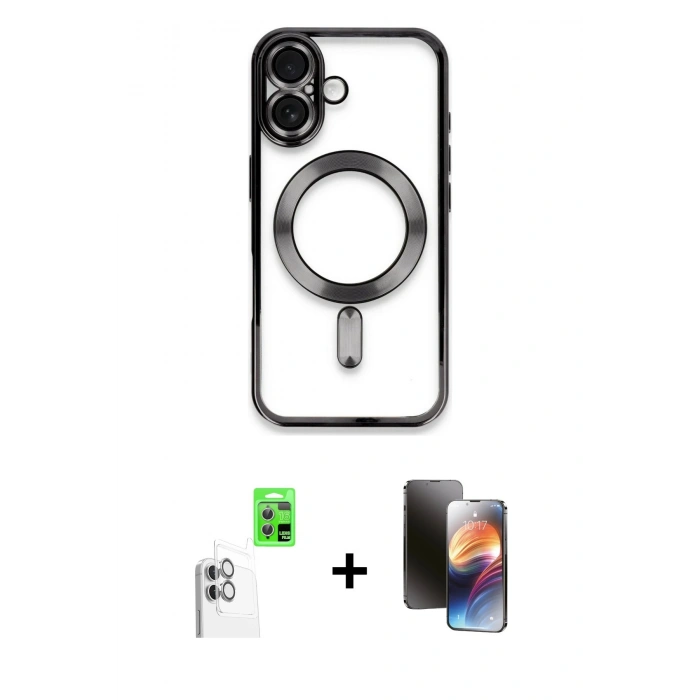 MARSİLYAN™- iPhone 16 Kılıf Nova Işık Özel Seri - Siyah 3D Antistatik Mat Seramik Nano Ekran Koruyucu + Raze Metal Kamera Lens - BZ