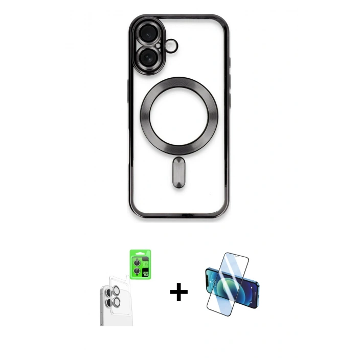 MARSİLYAN™- iPhone 16 Kılıf Nova Işık Özel Seri - Siyah 3D Antistatik Seramik Nano Ekran Koruyucu + Raze Metal Kamera Lens - BZ
