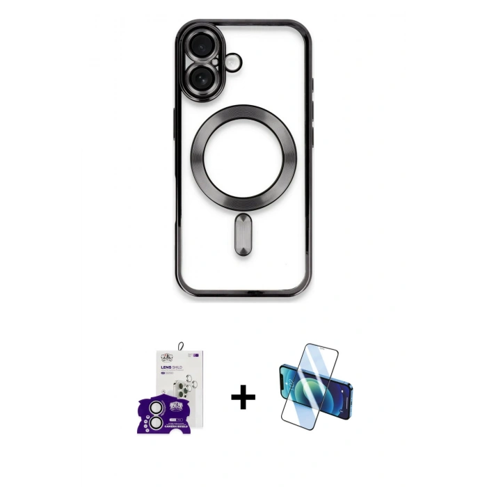 MARSİLYAN™- iPhone 16 Kılıf Nova Işık Özel Seri - Siyah 3D Antistatik Seramik Nano Ekran Koruyucu + Bilvis Titan Kamera Lens - GS