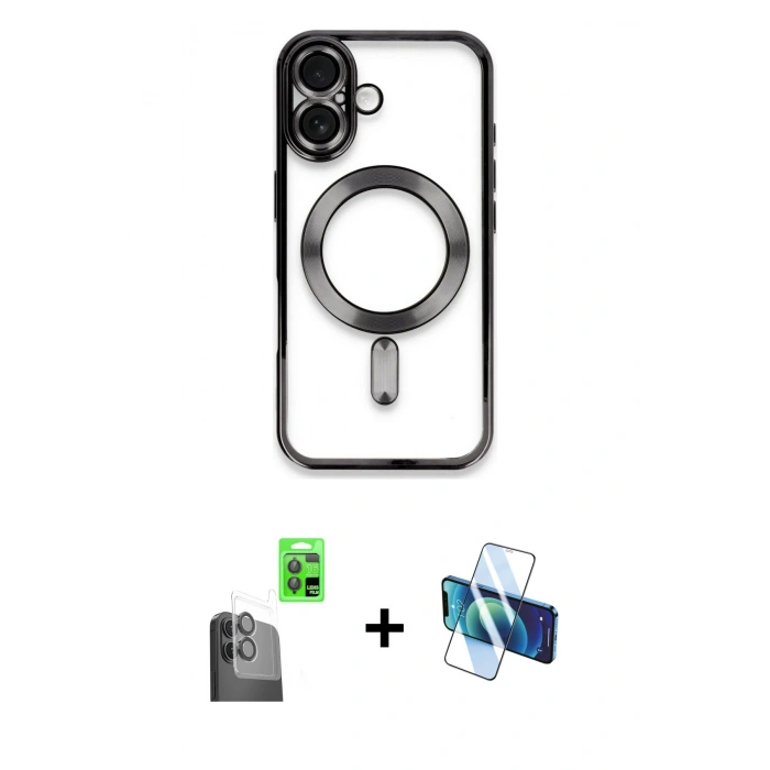 MARSİLYAN™- iPhone 16 Kılıf Nova Işık Özel Seri - Siyah 3D Antistatik Seramik Nano Ekran Koruyucu + Raze Metal Kamera Lens - SH